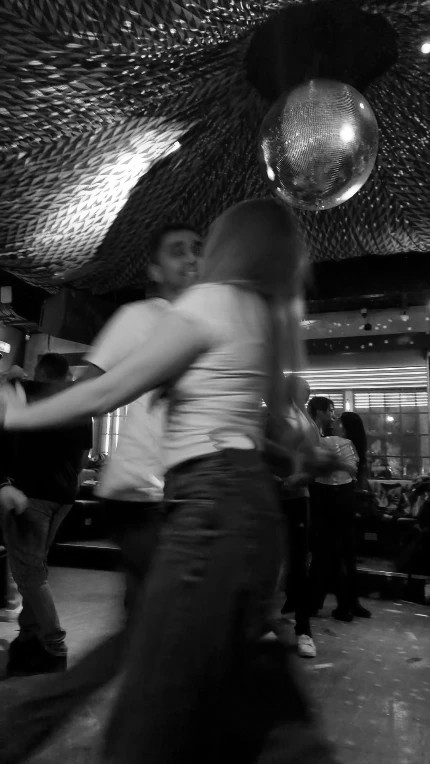 Mirrored disco ball above the social floor at Keystone Crescent
